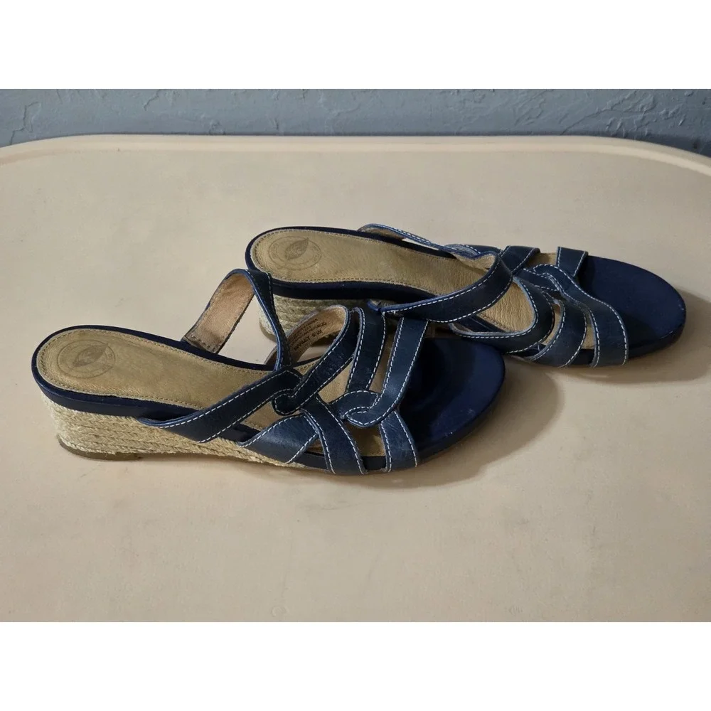 NURTURE Women's Leather Platform Wedge‎ Espadrille Slide Sandals Size 8.5M Blue